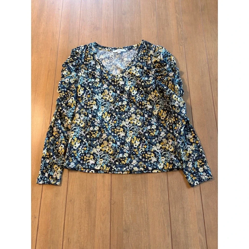 LOFT Womens Floral Puff Sleeve Blouse Size L Blue Yellow Cottagecore Casual